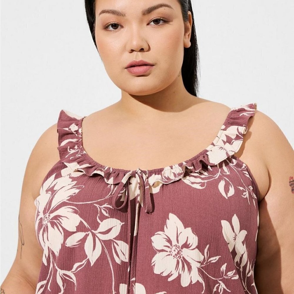 Torrid - Washable Crinkle Gauze Ruffle Tie Front Tank in Emma Floral, Mauve‌‌‌‌‌